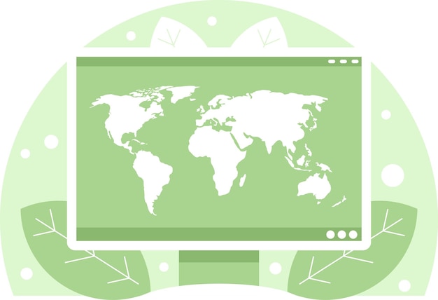 world map on computer display background with monitor and big leaves vector graphics