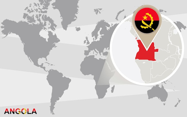 World map with magnified Angola. Angola flag and map.