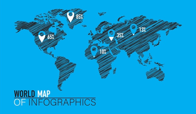 World map with striped continents infographic in percentages superimposed on a blue background