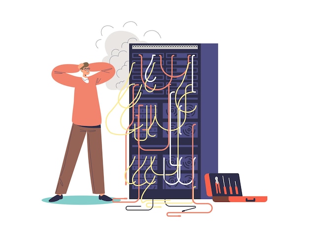 Worried man sysadmin look at burning computer server System administrator engineer fixing network