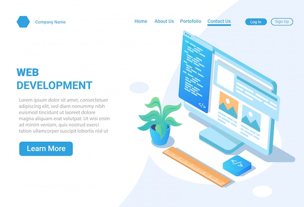 Ý tưởng minh họa isometric về thiết kế và phát triển trang web