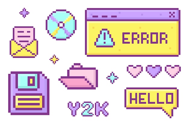 y2k pixel trendy set of objects old computer interface retro pc elements 1990s 2000s style pixel