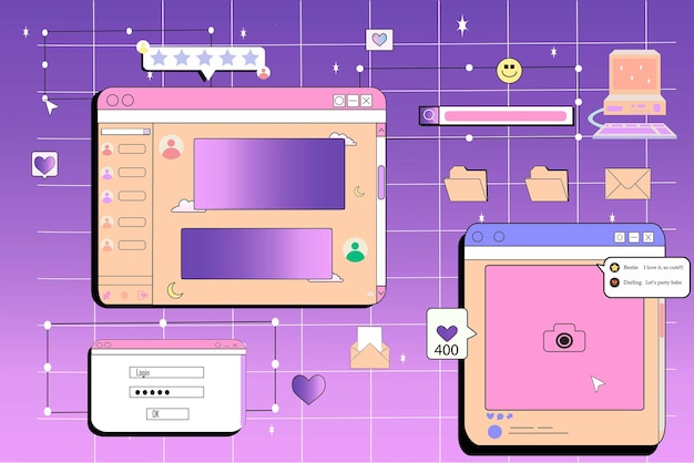y2k windows retro screens in retrowave vaporwave vintage style computer social media and login i