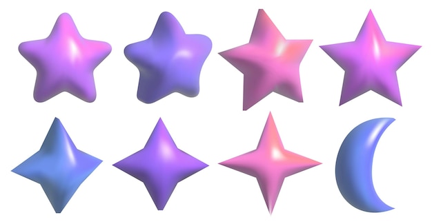 Yellow colouful purple and pink star set on isolated background different angles Vector illustration