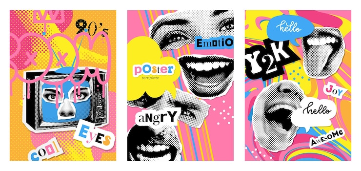 Vector yk trendy halftone a posters set dotted graphic elements shapes objects in creative collage composit