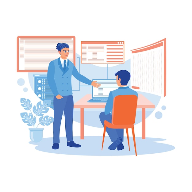 Young AI programmer and IT developer team discussing programming on computers in the company