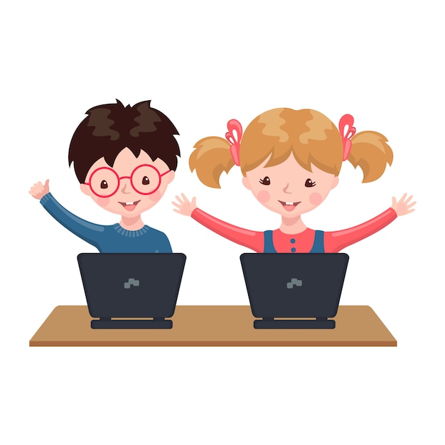 Young boy and girl sitting at a table and studying at the computer at home.