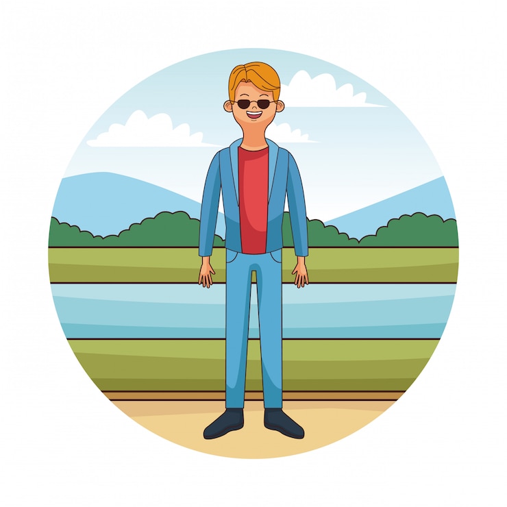 Vector young fashion man cartoon in round icon