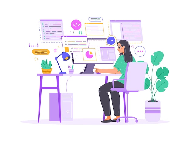 Young female geek character Woman programmer coding blogger content develop or software programming Casual technology worker snugly development vector concept of female programmer illustration