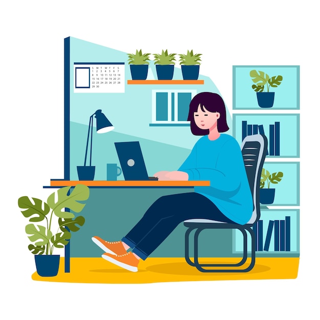 Young girl freelancing working on computer at home concept flat character Illustration