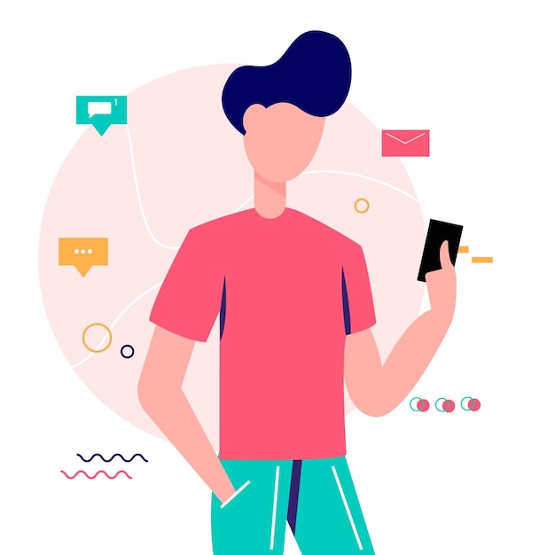 Young guy with modern smartphone. Online communication in social networks. Vector illustration.