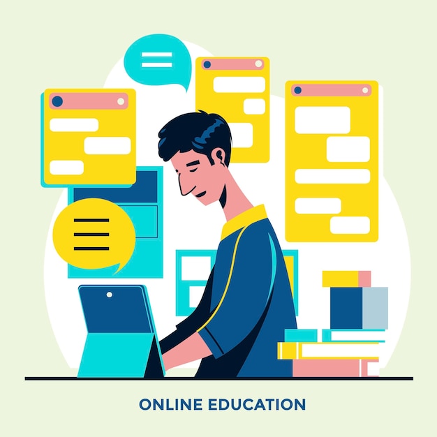 young male using laptop communicates on internet with customer in workplace remote work e learning