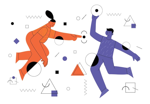 Young man and woman with abstract geometric shapes Team building and teamwork concept Business partnership cooperation and communication Modern flat cartoon style