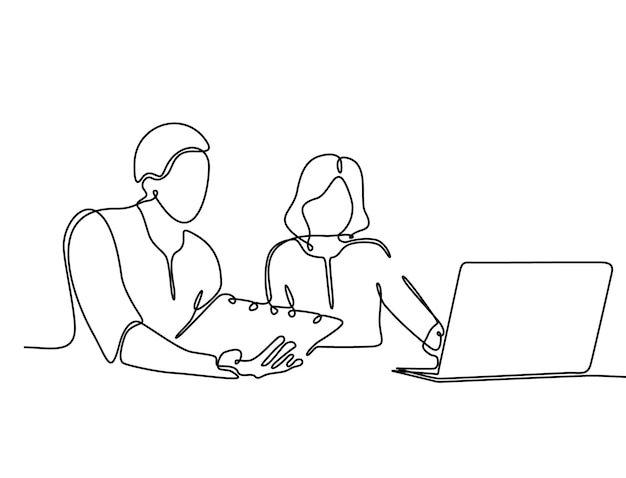 Young man and young woman in front of computer the guy shows the girl on the screen One line drawi