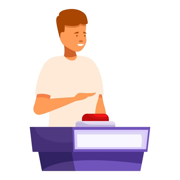 Young man answering question and pushing red button in quiz show