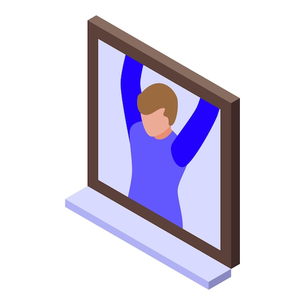 Young man climbing out of window frame isometric icon