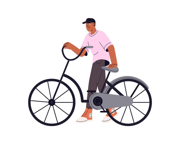 young man cycling rolls rental bike happy boy goes near bicycle while walk bicyclist does sport at ride cyclist rider with transport flat isolated vector illustration on white background