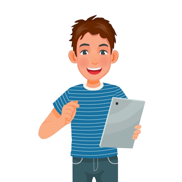 young man holding and using a digital smart tablet device by touching the screen