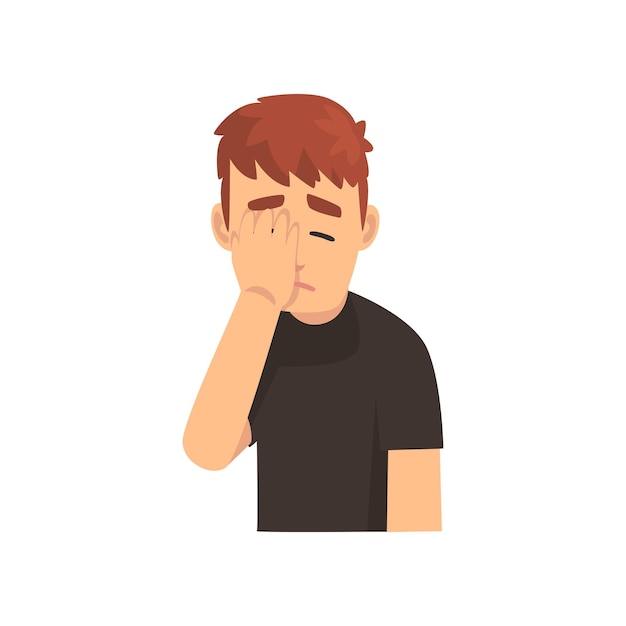 Young Man in Black Tshirt Covering His Face with Hand Guy Making Facepalm Gesture Shame Headache Disappointment Negative Emotion Vector Illustration on White Background
