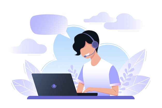 young man is working on a laptop, call center, dispatcher. the boy answers the call, support service. vector illustration.