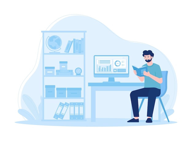 Young man sitting at a desk studying reading an online educational book concept flat illustration