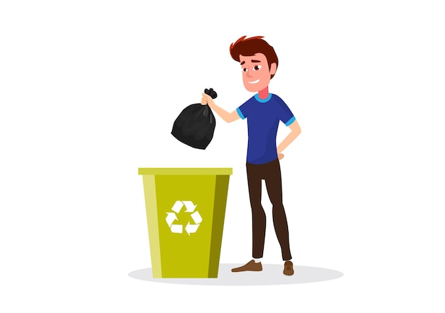young man throwing garbage in black plastic bags in hand isolated on white background black plastic bag trash for garbage disposal garbage bag icon recycled garbage bag garbage illustration