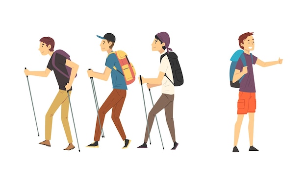 Young Man Traveler with Backpack and Stick Hitchhiking and Trekking Vector Set