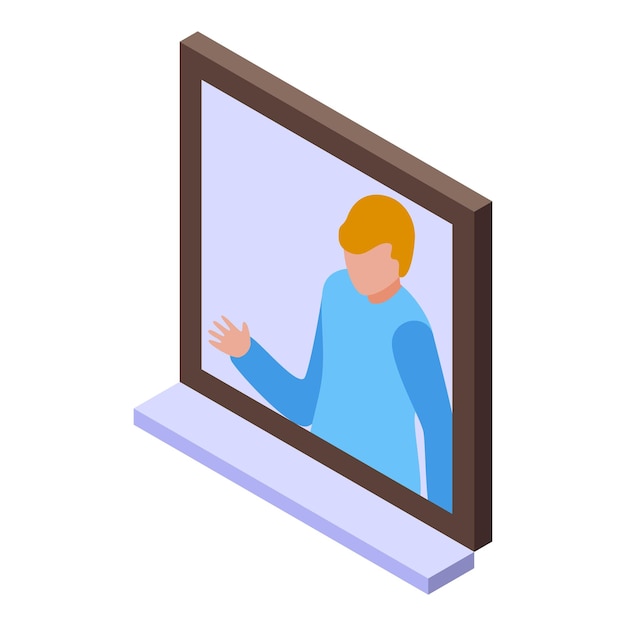 Young man waving from window isometric icon vector illustration
