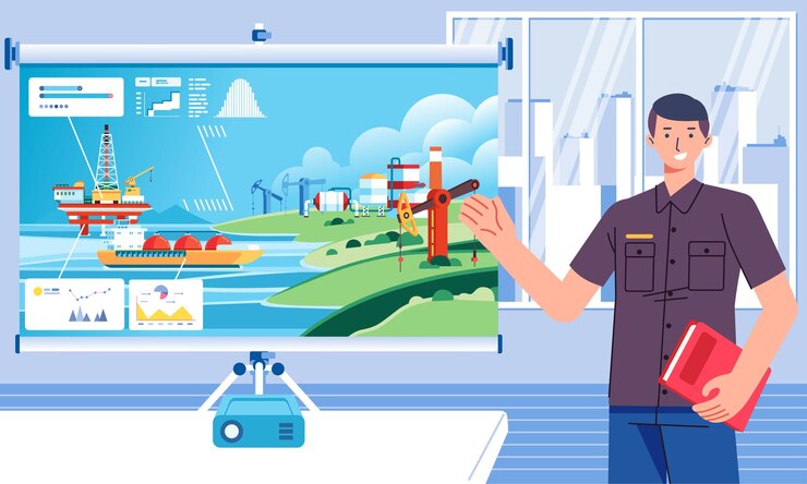 Vector young men presenting statistic graph chart sea oil offshore rig gas energy factory at office