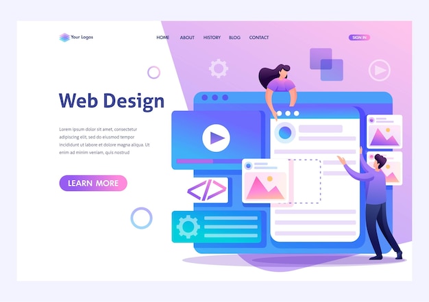 young people are engaged in web design website page development flat 2d character landing page concepts and web design