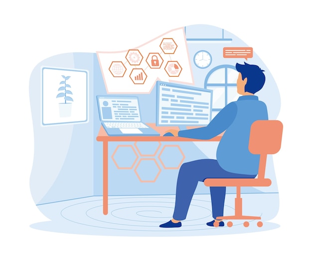 Young programmer concentrated at working project Developing programming and coding technologies