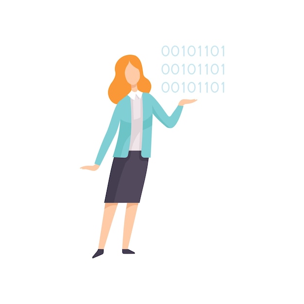young woman character standing lost in thought of binary code vector illustration on white background