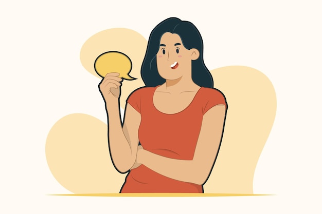 young woman holding a speech bubble and small talk concept