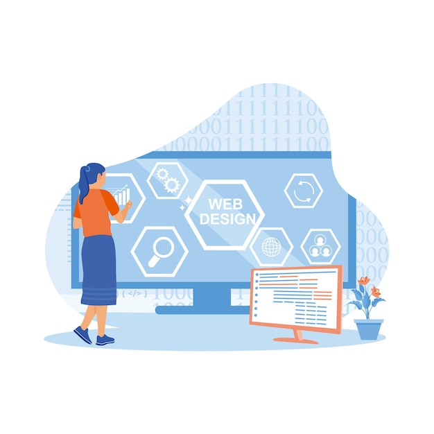 young woman working in a modern office in front of the computer web design concept