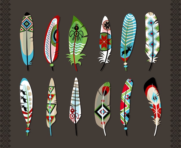 Vector gratuito 12 plumas pintadas con coloridos patrones étnicos con símbolos de animales o formas geométricas concepto de arte primitivo y creatividad natural sobre fondo gris con bordes decorativos verticales sin costura