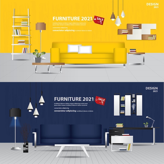 Vector gratuito 2 banner muebles venta anuncio desolladores ilustración vectorial