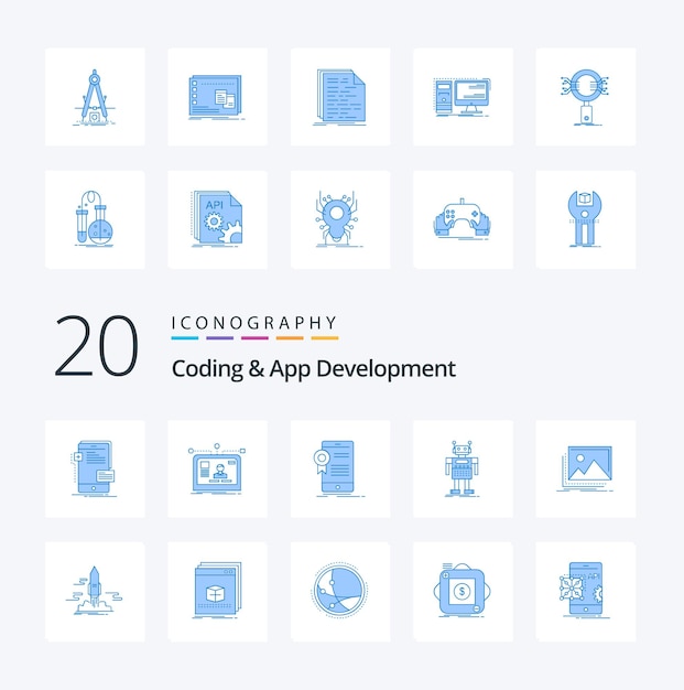 20 Codificación y desarrollo de aplicaciones Paquete de iconos de color azul como aplicación de aprobación de diseño de robot artificial