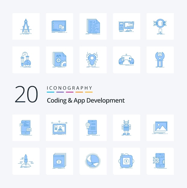 Vector gratuito 20 codificación y desarrollo de aplicaciones paquete de iconos de color azul como aplicación de aprobación de diseño de robot artificial