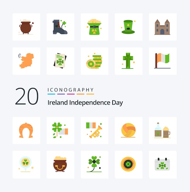 20 día de la independencia de irlanda paquete de iconos de color plano como juego de cerveza trompeta de latón de irlanda