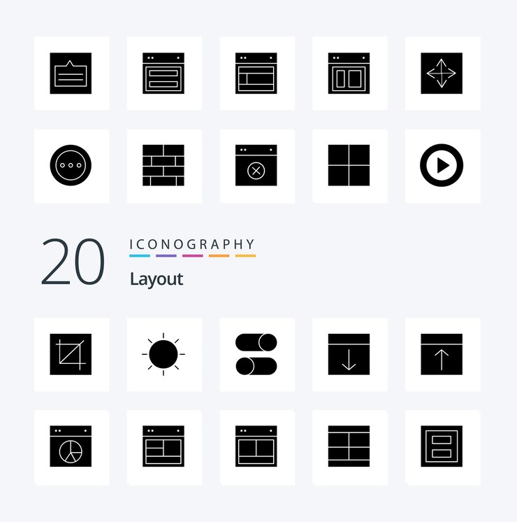 20 Diseño Icono de glifo sólido Paquete como interfaz organizar configuraciones de luz cargando