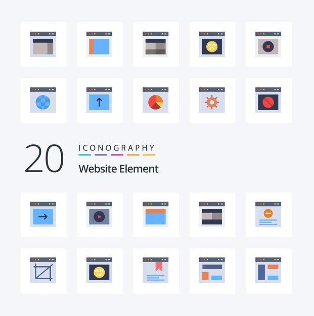 20 Elemento de sitio web Paquete de iconos de color plano como aplicación Internet sitio web navegador web