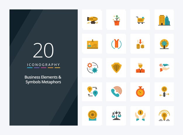 20 Elementos comerciales y símbolos Metáforas Icono de color plano para presentación Ilustración de iconos vectoriales