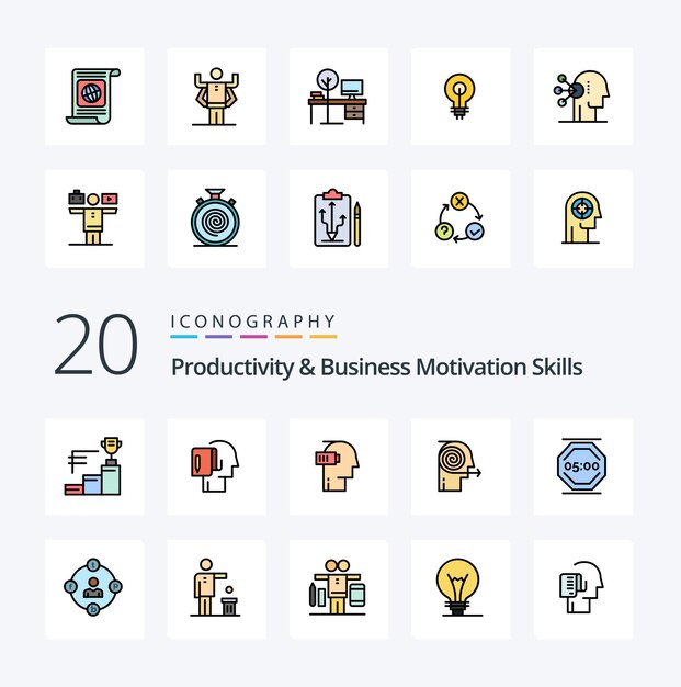 20 Habilidades de productividad y motivación empresarial Línea llena de icono de color Paquete como enfoque empresarial comenzar a enfocar soluciones mental