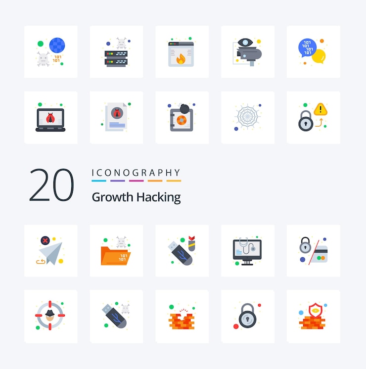 Vector gratuito 20 hacking flat color icon pack como software de cajero automático cráneo bug ddos