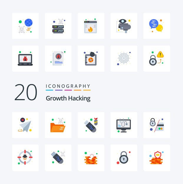 20 Hacking Flat Color Icon Pack como software de cajero automático cráneo bug ddos