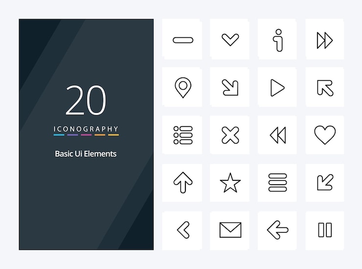 20 Icono básico de contorno de elementos de interfaz de usuario para presentación Ilustración de iconos de línea vectorial
