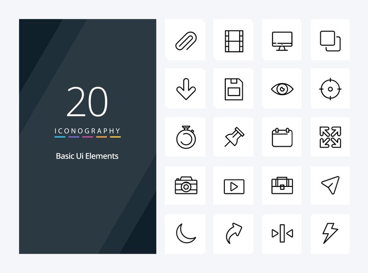 20 Icono básico de contorno de elementos de interfaz de usuario para presentación Ilustración de iconos de línea vectorial