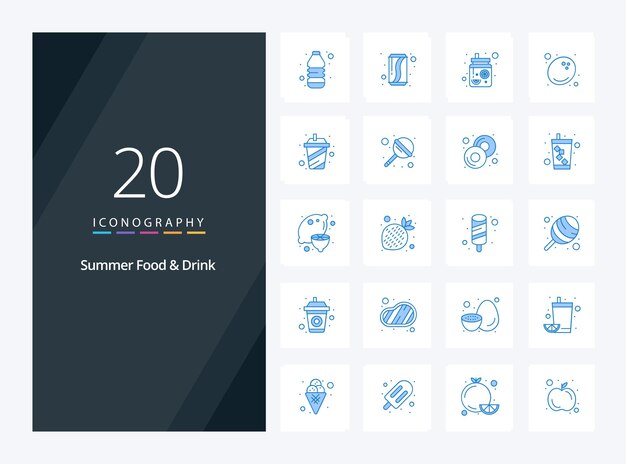20 Icono de color azul de bebida de comida de verano para presentación Ilustración de iconos vectoriales