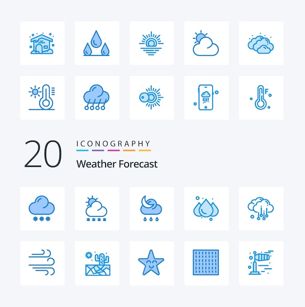20 Icono de color azul del clima Paquete como el pronóstico de la nube del clima lluvia del clima