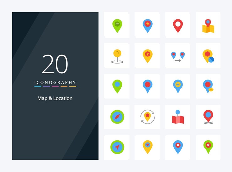 20 Icono de color plano de ubicación de mapa para presentación Ilustración de iconos vectoriales